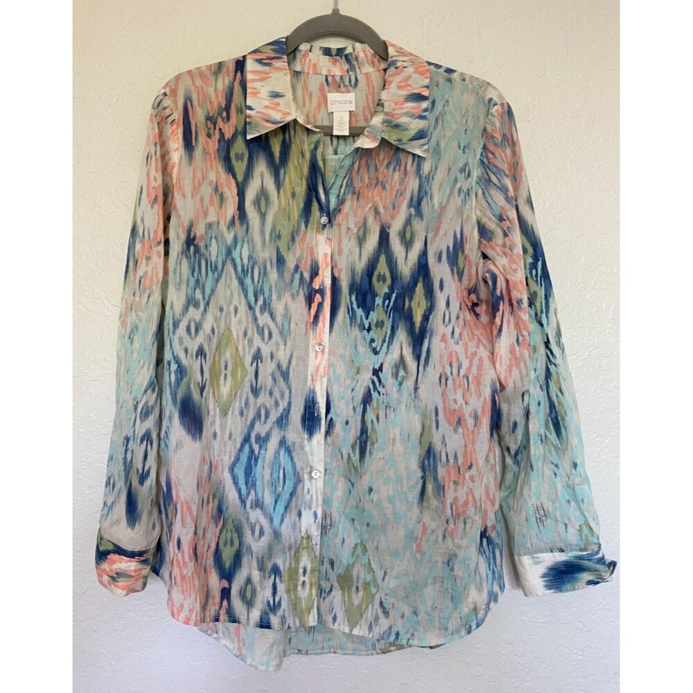 CHICO'S Multicolor Sheer Blouse Button Down Abstract Size 2